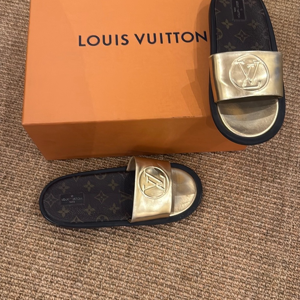Louis Vuitton Gold and Black Slide Sandals
